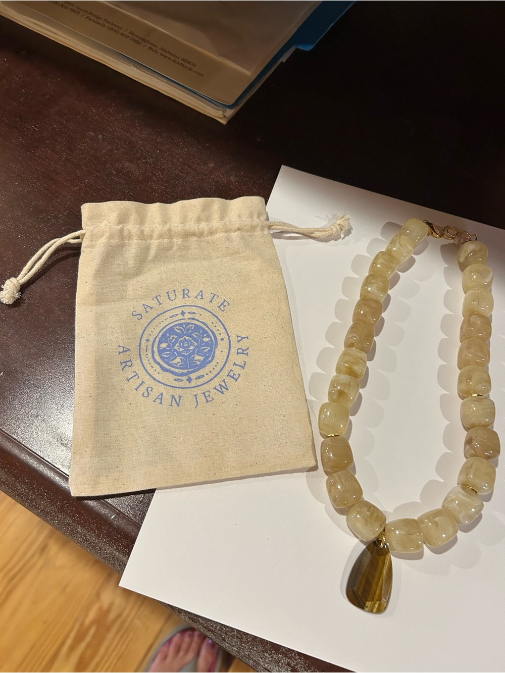 Cream Bead Necklace with Amber Pendant